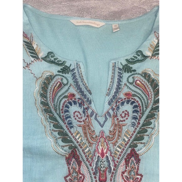Soft Surroundings Belcaro Embroidered Beaded Short Sleeved Aqua Blue Tunic XS - Picture 4 of 7